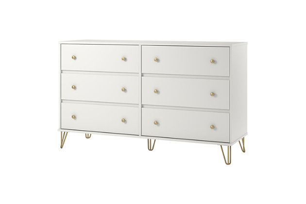 Free up closet space with the Novogratz Finley 6 Drawer Dresser. The white finish on the laminated particleboard adds a modern touch while the gold metal hairpin legs bring a mid-century retro feel for a stylish piece you will love. Declutter your closet by storing away your folded t-shirts, jeans, and extra linens in the 6 spacious drawers. The durable metal slides on each drawer make opening and closing the drawers easy and smooth. Display decorations and family photos and the top surface. A wall anchor kit is included to properly secure the Dresser to the wall to prevent tipping injuries and keep your family safe. The 6 Drawer Dresser ships flat to your door in 2 boxes and requires assembly upon opening. Two adults are recommended to assemble. Once assembled, the dresser measures to be 36.81"H x 61.65"W x 19.69"D.Organize your bedroom and closet with the Novogratz Finley 6 Drawer Dresser | Made of laminated particleboard and metal legs, the white finish and gold hairpin legs gives the dresser a mid-century modern style | Store your folded t-shirts, jeans, and pajamas in the 6 spacious drawers that feature durable metal slides for years of use. Display photos and decorations on the top surface | Finish your room with the entire Finley collection for a coordinated look (each sold separately) | The 6 Drawer Dresser ships flat to your door in 2 boxes and 2 adults are recommended to assemble. The top surface can hold 75 lbs. and each drawer will support up to 35 lbs. Assembled dimensions: 36.81"H x 61.65"W x 19.69"D | Wall anchor kit is included to secure the dresser to the wall and prevent tipping injuries | Assembly Required  | 1 year limited warranty included