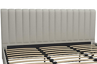 Luxury and glamour are in every detail of the Novogratz Brittany Upholstered Bed. Designed with a lavish modern style, this platform bed has a ribbed tufted headboard and oak colored legs that make it the perfect statement piece. The Brittany bed is made with a robust wood frame and upholstered in premium linen, adding elegance to your room. It comes with a bentwood slat system that provides optimal support as the slats adapt to the pressure exerted on them. It also includes side rails and additional metal legs to ensure stability and support. The comfortable cushioning of the headboard gives your body all the support needed to sit and relax. Just add the Novogratz Atlas Hybrid Mattress, a couple of pillows and a comfy duvet and you’ll be all set! Available in multiple colors and sizes.Designed with a lavish modern style in premium linen upholstery. Ribbed tufted headboard and oak colored legs | Robust wood frame construction that includes side rails and additional metal legs to ensure stability and support | Bentwood slat system provides optimal support as the slats adapt to the pressure exerted on them. No box spring required | Assembly Required