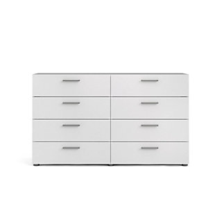 Keep it clean. The Austin eight-drawer double dresser organizes your clothes with a refined, restrained presence. Sweaters and linens find a happy home in the eight wide drawers, while the unique dresser depth makes the piece ideal for smaller spaces. Streamlined hardware and round feet give it a simply chic feel. Standing strong with an easy-to-clean foil surface, this piece is an essential. Made with engineered wood | Plastic silvertone bar handles  | 8 storage drawers | Drawers retract smoothly on metal glides | Ships in 2 boxes | Includes assembly manual and all necessary hardware and fasteners | 2 people suggested for assembly | Assembly required | Estimated Assembly Time: 5 Minutes
