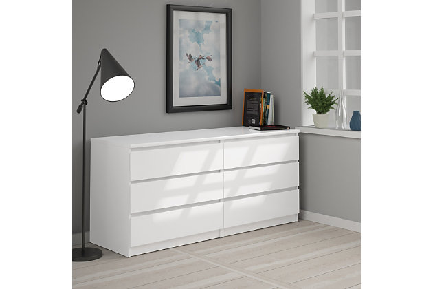 With ample storage, the Scottsdale six-drawer double dresser is an easy way to keep your belongings organized. From delicates to bulky sweaters, it can store various items while bringing a modern, sleek look to your bedroom. The foil finish is easy-to-clean, scratch- and stain-resistant, making it an ideal choice for families or college living.Made with engineered wood | Handle-free drawers | 6 storage drawers | Extra high drawer sides with good extensions to ensure spaciousness and functionality | Drawers retract smoothly on metal glides with built-in safety stops | Ships in 2 boxes | Includes assembly manual and all necessary hardware and fasteners | 2 people suggested for assembly | Assembly required | Estimated Assembly Time: 5 Minutes
