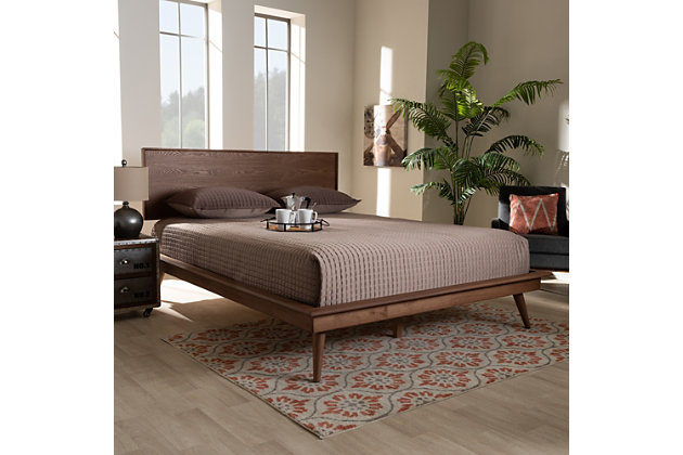 Karine Queen Midcentury Modern Platform, Modern Mid Century Natural Color Walnut King Size Platform Bed