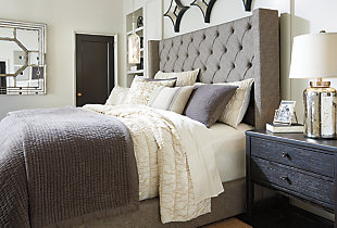 To create this masterpiece, we transformed the glamour of yesteryear into something fresh and new. Sorinella king bed sets a high note for affordable luxury, with diamond tufting highlighting the upholstered wing headboard. Footboard and rails are also beautifully dressed in the rich gray fabric with warm brown undertones. Mattress and foundation/box spring sold separately.Engineered wood frame | Includes headboard, footboard and rails | Tufted headboard | Polyester/cotton upholstery | Assembly required | Foundation/box spring required, sold separately | Mattress available, sold separately | Estimated Assembly Time: 35 Minutes