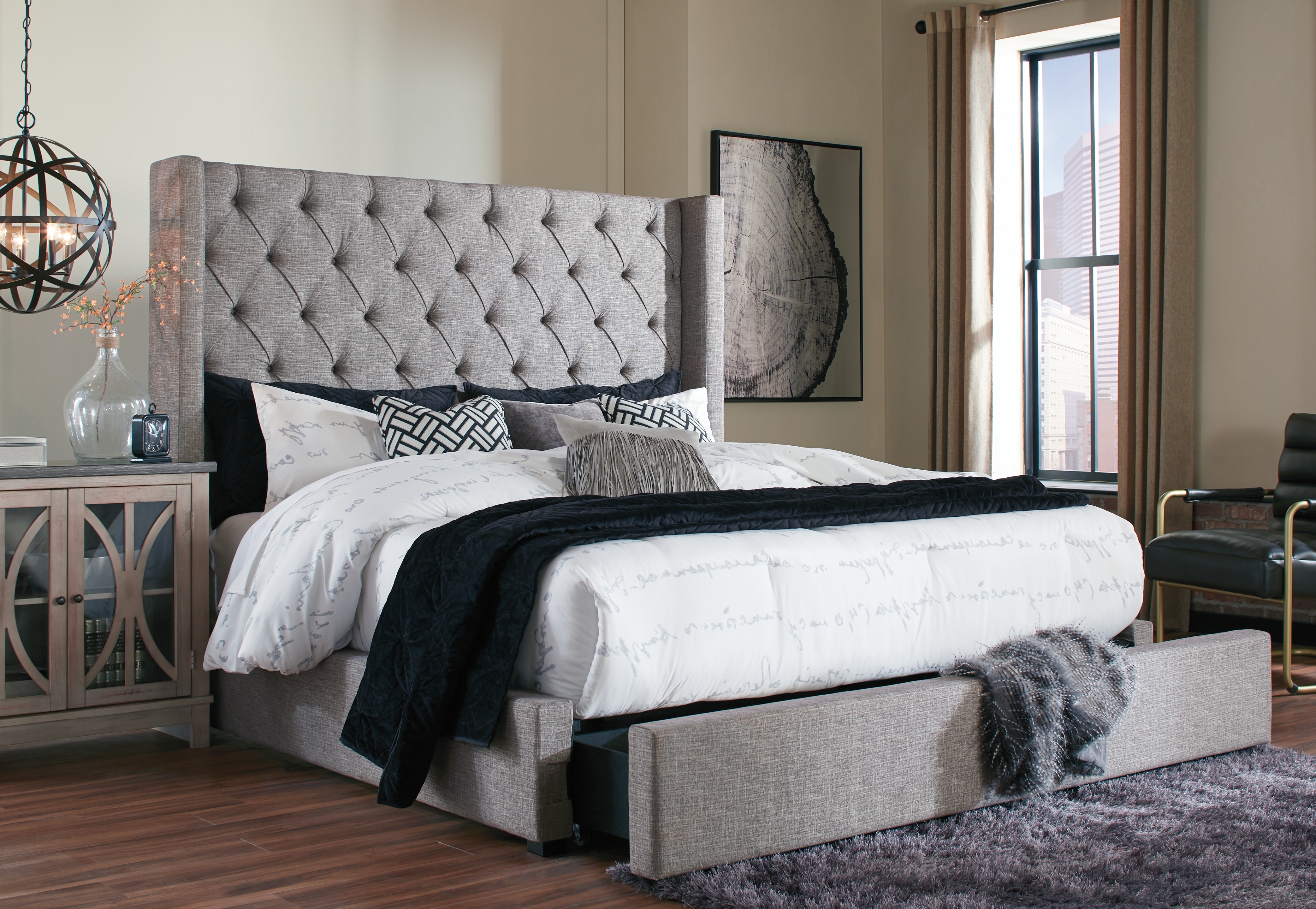 King upholstered bed on sale with storage