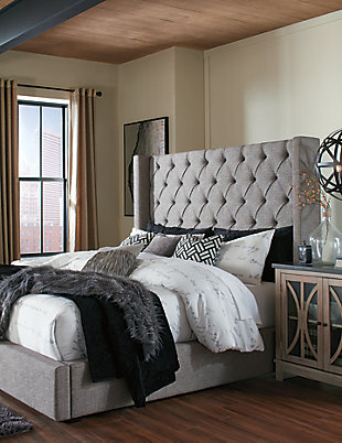Sleeping beauty. From its button-tufted mansion-wing headboard, to its storage footboard that seamlessly merges form and function, the Sorinella upholstered queen bed with storage is heavenly from head to toe. This high-style favorite includes a generously sized drawer at the foot of the bed that’s perfect for linens, blankets and throws. Woven gray fabric with warm brown undertones is sure to set a soothing mood for your bedroom retreat.Engineered wood frame | Includes headboard, footboard with storage, rails and roll slats | Tufted headboard | Polyester/rayon upholstery | Smooth-gliding storage drawer | Bed does not require a foundation/box spring | Mattress available, sold separately | Assembly required | Small Space Solution | Estimated Assembly Time: 70 Minutes