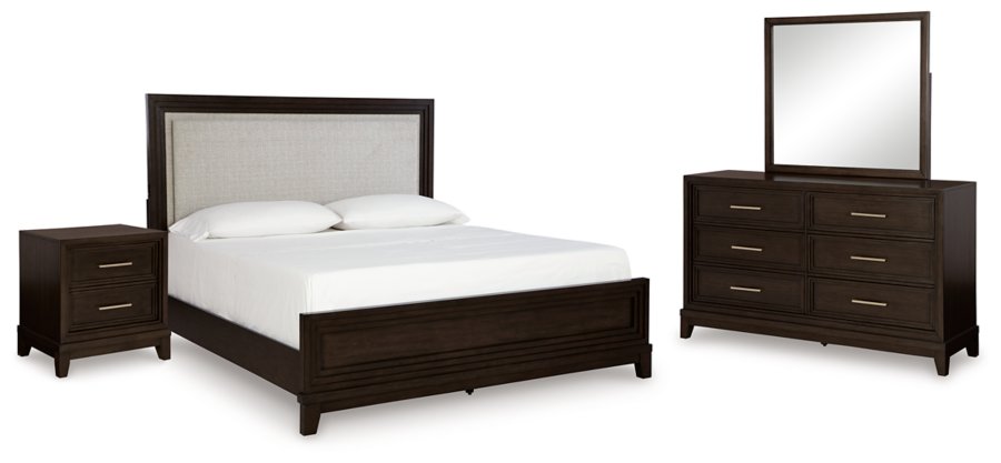 Cama con panel tapizado Queen, tocador, espejo y mesita de noche Neymorton - image 1