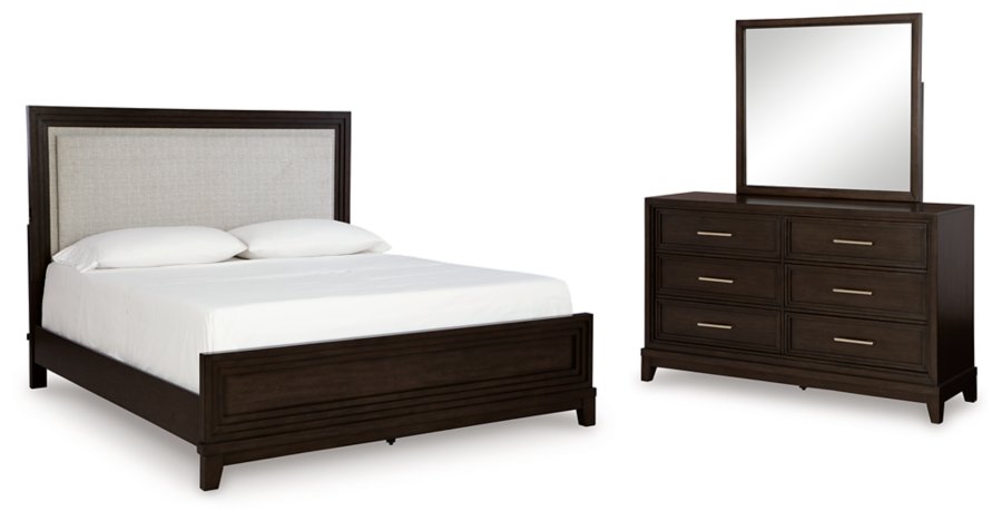 Cama tapizada con paneles Queen, cómoda y espejo Neymorton - image 1