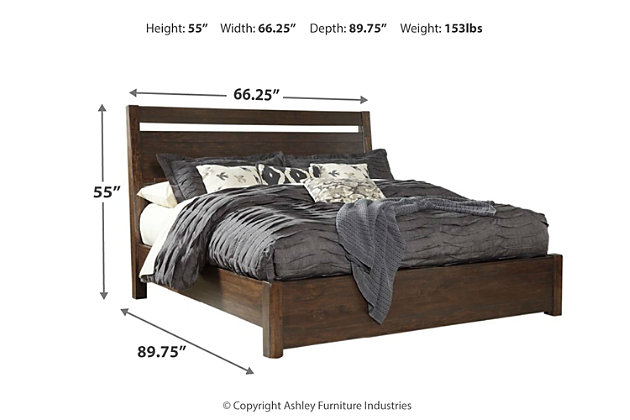 For fans of urban industrial design, the Starmore queen panel bed clearly steals the show. Its blend of acacia veneer and wood is beautified with an oiled walnut-tone finish for a highly contemporary aesthetic with natural, grainy character. Open plank detailing on the headboard and low-profile footboard perfect the look from head to toe. Mattress and foundation/box spring sold separately.Made of acacia veneers, wood and engineered wood | Includes headboard, footboard and rails | Assembly required | Foundation/box spring required, sold separately | Mattress available, sold separately | Estimated Assembly Time: 65 Minutes