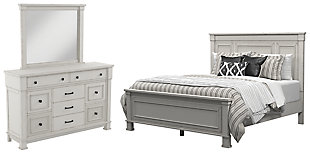 Jennily Queen Panel Bed with Mirrored Dresser, Whitewash, rollover