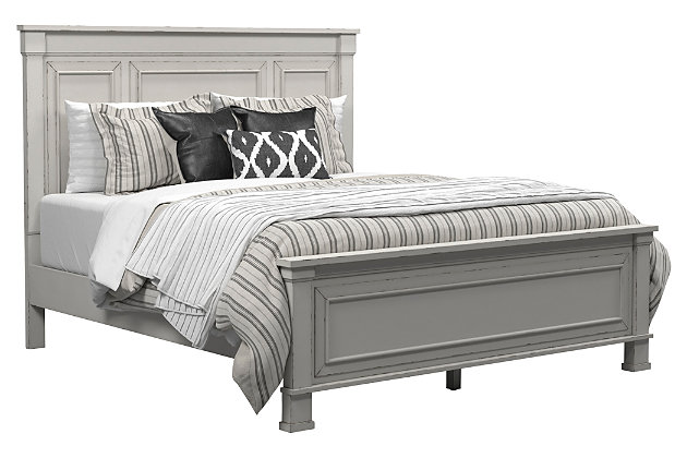 Given just enough distressing for family heirloom charm, the Jennily queen panel bed is a mastery in modern farmhouse style. The ultimate choice for a dreamy bedroom retreat, its antiqued white finish is wonderfully easy on the eyes. Sturdy silhouette with bold pilasters gives this beautiful bed such a substantial presence, with picture frame moulding adding elegant detail. Mattress and foundation/box spring available, sold separately.Made of solid wood and engineered wood | Includes headboard, footboard and rails | Antiqued white finish | Assembly required | Foundation/box spring required, sold separately | Mattress available, sold separately | Estimated Assembly Time: 70 Minutes
