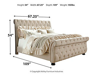 Of great and sophisticated stature, the Willenburg queen upholstered bed is homey and full of substance. Exaggerated rolled tops on the headboard and footboard make a memorable statement. Textural upholstery is elevated with button tufting. Neutral linen color is ready to complement the bedding of your choice. Bun feet add the finishing touch. Mattress and foundation/box spring available, sold separately.Made of wood and engineered wood | Includes headboard, footboard and rails | Tufted headboard and footboard | Polyester upholstery | Assembly required | Foundation/box spring required, sold separately | Mattress available, sold separately | Estimated Assembly Time: 55 Minutes