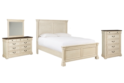 Bolanburg Queen Panel Bed with Mirrored Dresser and Chest, Antique White