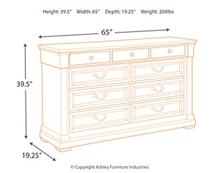 Whether your style is farmhouse fresh, shabby chic or country cottage, you’ll find the Bolanburg dresser dressed to impress. Its two-tone, gently distressed finish pairs weathered oak with antique white for that much more quaint character. The dresser’s nine smooth-gliding drawers are quality crafted with dovetail construction. Three felt-lined top drawers are another reflection of fine detail, inside and out.Dresser only | Made of veneers, wood and engineered wood | Two-tone finish (weathered oak top over antique white) | Plank-style top | 9 smooth-gliding drawers with dovetail construction (top 3 drawers felt lined) | Black faceted hardware | Includes tipover restraint device | Estimated Assembly Time: 15 Minutes