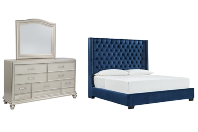 Coralayne Queen Upholstered Bed with Mirrored Dresser, Blue, large
