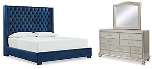 Coralayne King Upholstered Bed with Mirrored Dresser, Blue, large