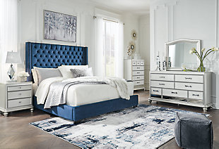 Coralayne Queen Upholstered Bed with Mirrored Dresser, Blue, rollover
