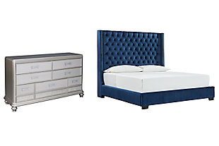 Coralayne Queen Upholstered Bed with Dresser, Blue, rollover