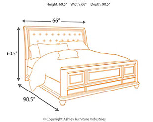Coralayne queen bed allures with the glitz and glam befitting silver screen queens. Exquisite frame's metallic tone channels that Hollywood Regency flair you've been dreaming of. Button-tufted fabric inlay will have you feeling sheltered in comfort and luxury. Mattress and foundation/box spring sold separately.Made of veneers, wood and engineered wood | Includes headboard, footboard and rails | Metallic sheen finish | Button-tufted polyester upholstery | Assembly required | Foundation/box spring required, sold separately | Mattress available, sold separately | Estimated Assembly Time: 70 Minutes