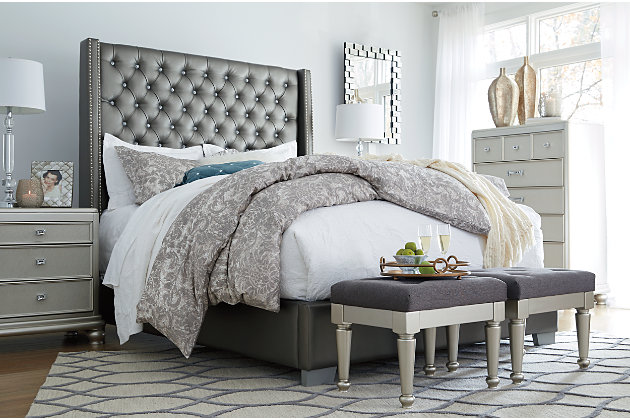 Cayne Queen Upholstered Bed, Queen Silver Bed Frame