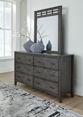 Montillan 6 Drawer Dresser and Mirror, Grayish Brown