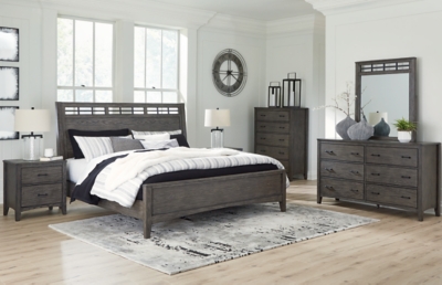 Montillan California King Panel Bed with Mirrored Dresser, Chest and 2 Nightstands, Grayish Brown, large