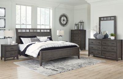Montillan Queen Panel Bed with Mirrored Dresser, Chest and 2 Nightstands, Grayish Brown, rollover