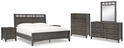 Montillan Queen Panel Bed with Mirrored Dresser, Chest and 2 Nightstands, Grayish Brown, large