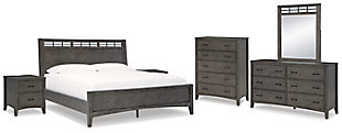 Montillan Queen Panel Bed with Mirrored Dresser, Chest and 2 Nightstands, Grayish Brown, large