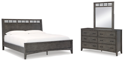 Montillan Queen Panel Bed with Mirrored Dresser, Grayish Brown