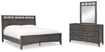 Montillan California King Panel Bed with Mirrored Dresser, Grayish Brown