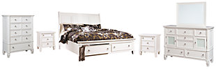 Prentice Queen Sleigh Bed with 2 Storage Drawers with Mirrored Dresser, Chest and 2 Nightstands, White, rollover