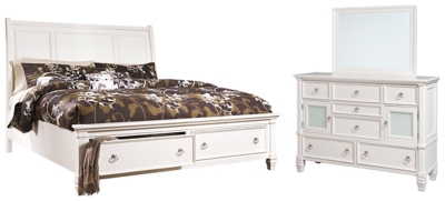 Prentice Queen Sleigh Bed With 2 Storage Drawers With Mirrored Dresser Ashley Furniture Homestore