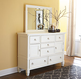 Fresh, crisp and classic. Whether you’re going for shabby chic or cottage quaint, the Prentice dresser and mirror set is dressed to impress. Multiple drawers help you organize your wardrobe beautifully. The option of frosted glass inlays give the cabinet door fronts a whole new appearance.Made of veneers, wood and engineered wood | Satin nickel-tone hardware | 7 smooth-operating drawers with dovetail construction | Top drawers with felt bottoms | 2 cabinets with 2 shelves; 1 adjustable | Cabinet doors with optional frosted glass inserts | Mirror attaches to back of dresser | Assembly required | Includes tipover restraint device | Estimated Assembly Time: 5 Minutes