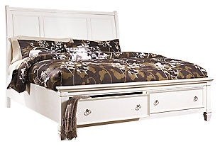 Fresh, crisp and classic. Whether you’re going for shabby chic or cottage quaint, the Prentice queen sleigh storage bed is dressed to impress. Flat-panel design on headboard is clean and classic. Two drawers at the foot of the bed have you covered with handy storage. Mattress available, sold separately.Made of veneers, wood and engineered wood | Satin nickel-tone hardware | Footboard with 2 smooth-operating drawers with dovetail construction | Assembly required | Bed does not require a foundation/box spring | Small Space Solution | Mattress available, sold separately | Estimated Assembly Time: 10 Minutes