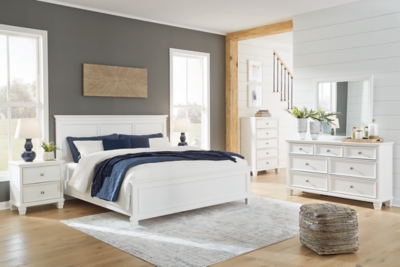 Fortman King Panel Bed with Mirrored Dresser, Chest and 2 Nightstands, White, rollover