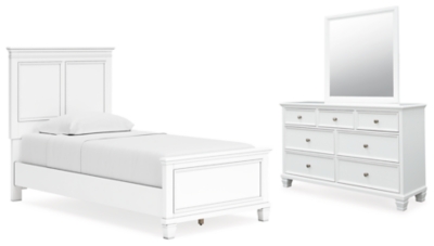 Fortman Twin Panel Bed with Mirrored Dresser, White, large
