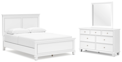 Fortman Queen Panel Bed with Mirrored Dresser, White