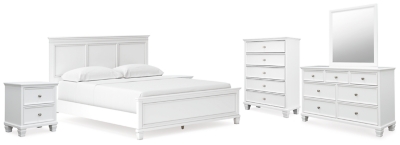 Fortman California King Panel Bed with Mirrored Dresser, Chest and 2 Nightstands, White, large
