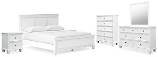 Fortman California King Panel Bed with Mirrored Dresser, Chest and 2 Nightstands, White, large