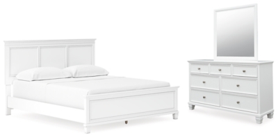 Fortman California King Panel Bed with Mirrored Dresser, White