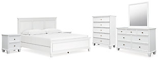 Fortman King Panel Bed with Mirrored Dresser, Chest and 2 Nightstands, White, large