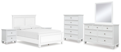 Fortman Full Panel Bed with Mirrored Dresser, Chest and 2 Nightstands, White, large