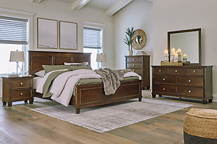 Danabrin King Panel Bed with Mirrored Dresser, Chest and 2 Nightstands, Brown, rollover