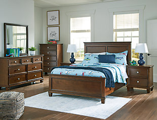 Danabrin Full Panel Bed with Mirrored Dresser, Chest and 2 Nightstands, Brown, rollover