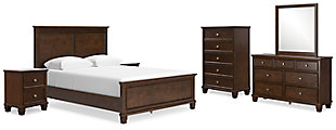 Danabrin Queen Panel Bed with Mirrored Dresser, Chest and 2 Nightstands, Brown, large
