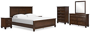 Danabrin California King Panel Bed with Mirrored Dresser, Chest and 2 Nightstands, Brown, large