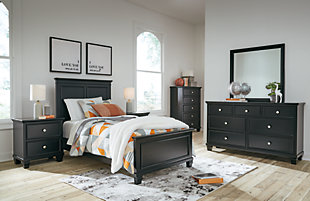 Lanolee Twin Panel Bed with Mirrored Dresser, Chest and 2 Nightstands, Black, rollover