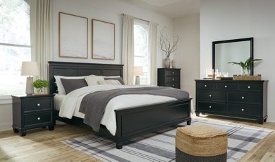 Lanolee King Panel Bed with Mirrored Dresser, Chest and 2 Nightstands, Black