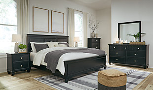 Lanolee California King Panel Bed with Mirrored Dresser, Chest and 2 Nightstands, Black, rollover