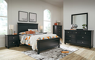 Lanolee Full Panel Bed with Mirrored Dresser, Chest and 2 Nightstands, Black, rollover