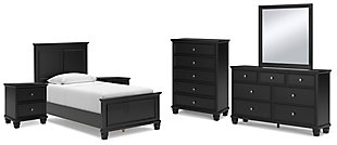 Lanolee Twin Panel Bed with Mirrored Dresser, Chest and 2 Nightstands, Black, large